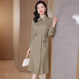 Birdtree 91.2% Real Silk Elegant Shirt Dresses Solid Turn-down Collar Long Sleeve Lace-up A-Line Dress Office Lady D30361QM