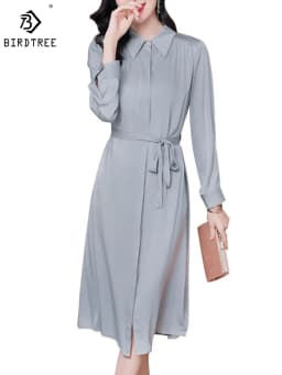 Birdtree 91.2% Real Silk Elegant Shirt Dresses Solid Turn-down Collar Long Sleeve Lace-up A-Line Dress Office Lady D30361QM