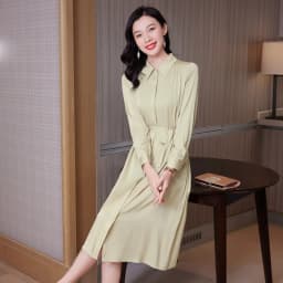 Birdtree 91.2% Real Silk Elegant Shirt Dresses Solid Turn-down Collar Long Sleeve Lace-up A-Line Dress Office Lady D30361QM