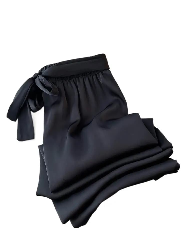 High Waist Ice Silk Acetate Wide Leg Pants for Women Summer Loose Silk Satin Long Maxi Trousers Spring Lace Up Plus Size Pants