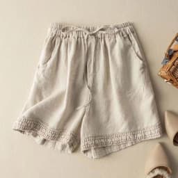 Cotton Linen Shorts Women Hollow Out Crochet Vintage Elastic Waist Wide Leg Pants Harajuku Casual Loose Shorts Women Clothing