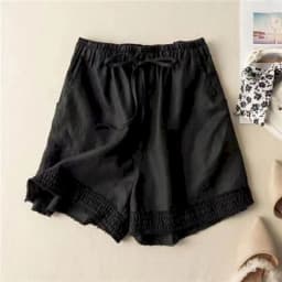 Cotton Linen Shorts Women Hollow Out Crochet Vintage Elastic Waist Wide Leg Pants Harajuku Casual Loose Shorts Women Clothing
