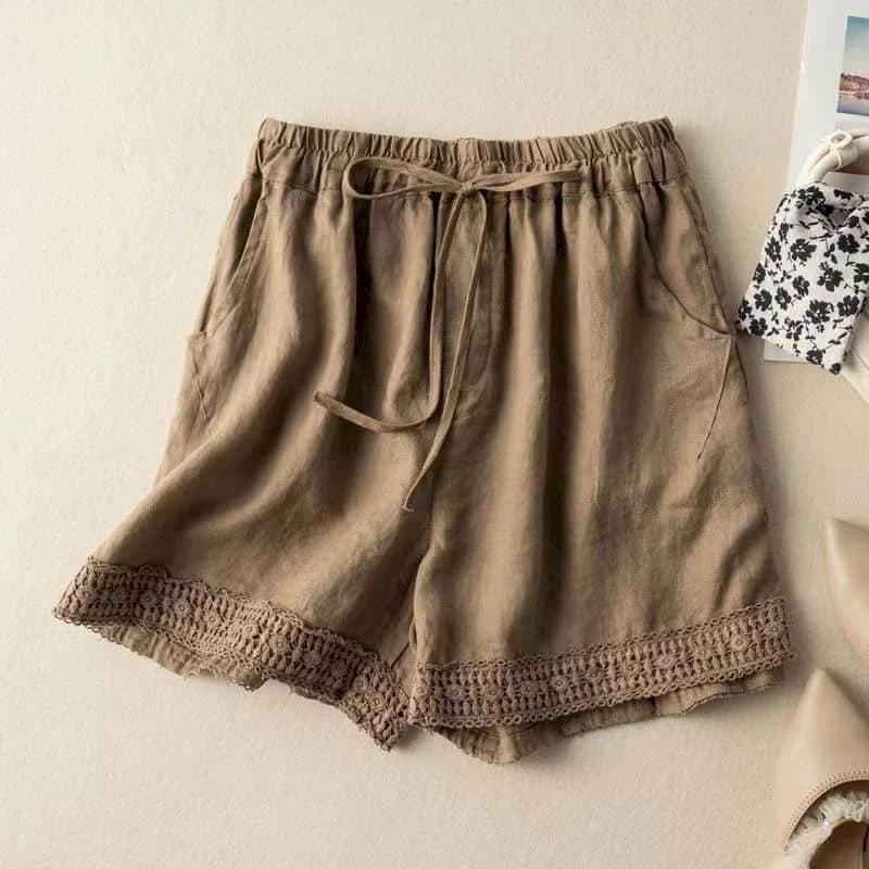 Cotton Linen Shorts Women Hollow Out Crochet Vintage Elastic Waist Wide Leg Pants Harajuku Casual Loose Shorts Women Clothing