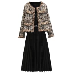 Women's Spring Autumn Vintage Plaid Cardigan Jacket Midi Black Dress 1 or Two-piece Set Lady Graceful Coat Bowknot Dresses Suits