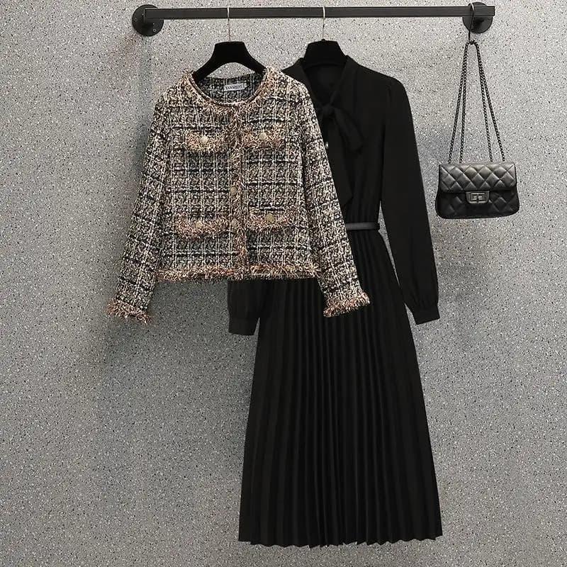 Women's Spring Autumn Vintage Plaid Cardigan Jacket Midi Black Dress 1 or Two-piece Set Lady Graceful Coat Bowknot Dresses Suits