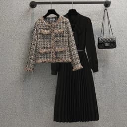 Women's Spring Autumn Vintage Plaid Cardigan Jacket Midi Black Dress 1 or Two-piece Set Lady Graceful Coat Bowknot Dresses Suits