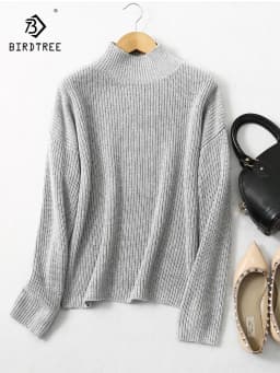 BirdTree 85% Silk 15% Cashmere Sweater, Women Beige Warm Mock Neck, Everyday Long Sleeve Solid Pullover, 2026 Spring T41872QC
