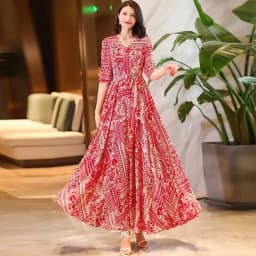  2026 New Spring/Summer Flower Large Swing Dress with Waist for Tourist Holiday Dress Chiffon Dress Beach Dress With Lace-UP