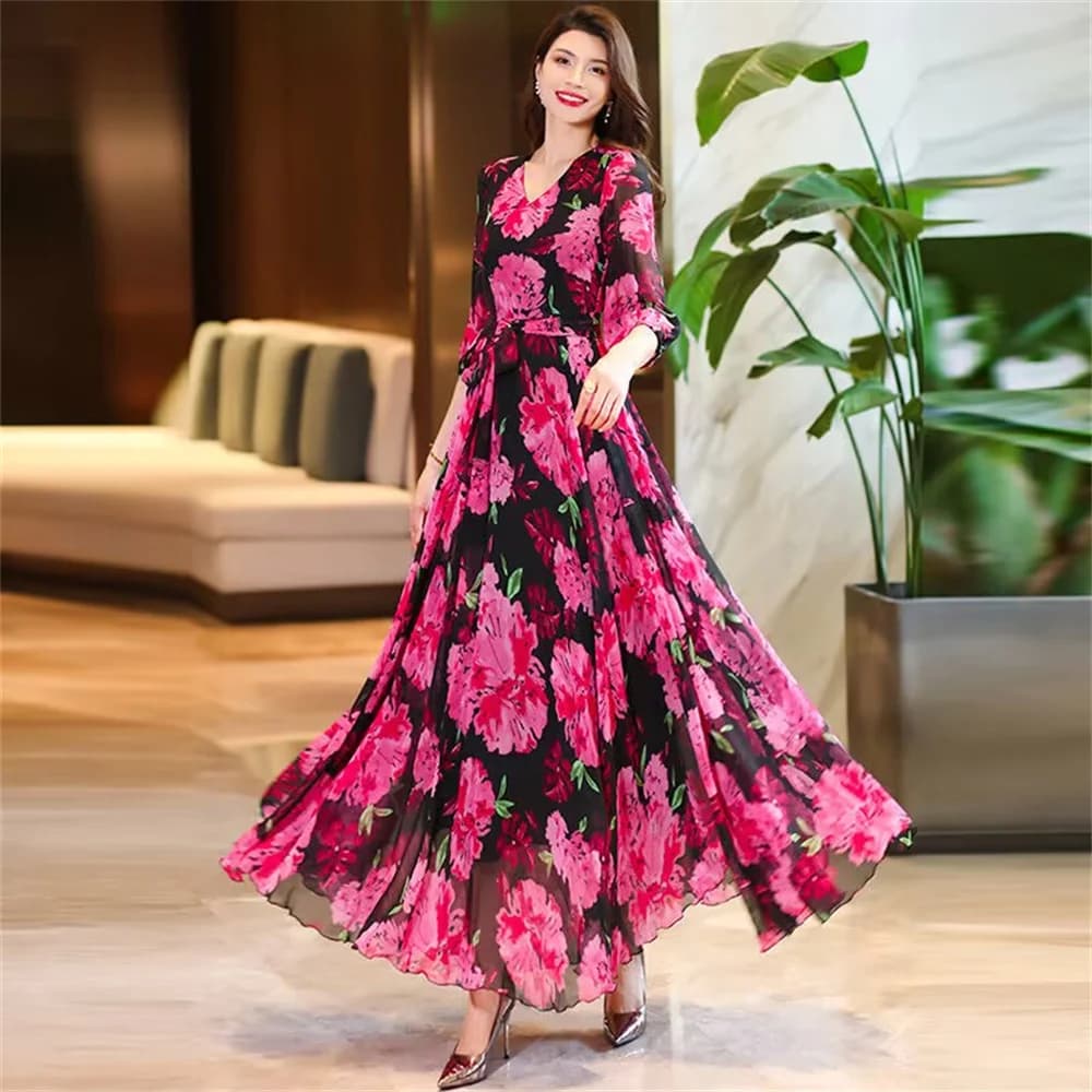  2026 New Spring/Summer Flower Large Swing Dress with Waist for Tourist Holiday Dress Chiffon Dress Beach Dress With Lace-UP