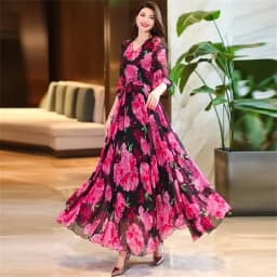 2026 New Spring/Summer Flower Large Swing Dress with Waist for Tourist Holiday Dress Chiffon Dress Beach Dress With Lace-UP