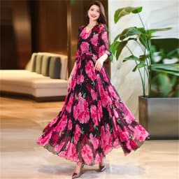  2026 New Spring/Summer Flower Large Swing Dress with Waist for Tourist Holiday Dress Chiffon Dress Beach Dress With Lace-UP