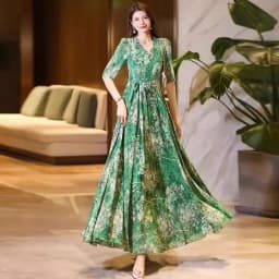  2026 New Spring/Summer Flower Large Swing Dress with Waist for Tourist Holiday Dress Chiffon Dress Beach Dress With Lace-UP