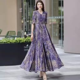  2026 New Spring/Summer Flower Large Swing Dress with Waist for Tourist Holiday Dress Chiffon Dress Beach Dress With Lace-UP