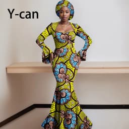 African Dresses for Women 2023 Dashiki Print Ruffles Sleeve Vestido Feminino with Headwrap Party Wedding Dresses Outfits 2425012