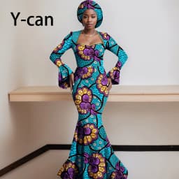 African Dresses for Women 2023 Dashiki Print Ruffles Sleeve Vestido Feminino with Headwrap Party Wedding Dresses Outfits 2425012