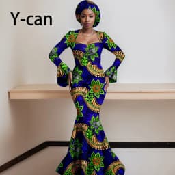 African Dresses for Women 2023 Dashiki Print Ruffles Sleeve Vestido Feminino with Headwrap Party Wedding Dresses Outfits 2425012