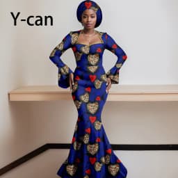 African Dresses for Women 2023 Dashiki Print Ruffles Sleeve Vestido Feminino with Headwrap Party Wedding Dresses Outfits 2425012