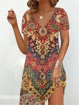 2023 Fashion Plus Size Dress Women Casual Loose V-Neck Ladies Summer Print Party Women's New Summer Pullovers Short Sleeve Dress