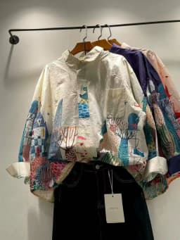 Bust 118cm pure cotton original design purple cartoon print shirts long sleeve blouses for women large size oversized shirts