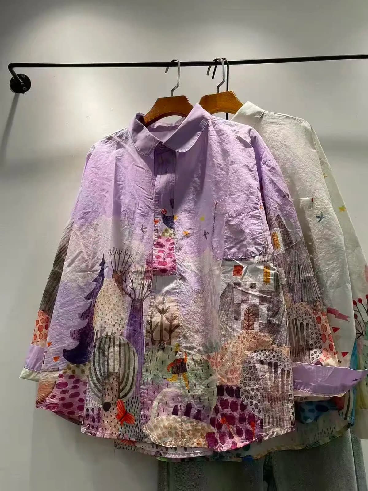 Bust 118cm pure cotton original design purple cartoon print shirts long sleeve blouses for women large size oversized shirts