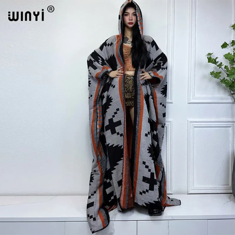 WINYI Africa Winter dress outfits Women high quality Coat Loose Thick Warm Female kaftan Coat poncho dress Hooded mop coat Abaya