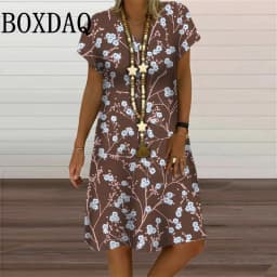 6XL Plus Size Dresses Women V-Neck Short Sleeve Floral Print A-Line Dress Casual Summer Retro Pullover Ladies Clothing Sundress