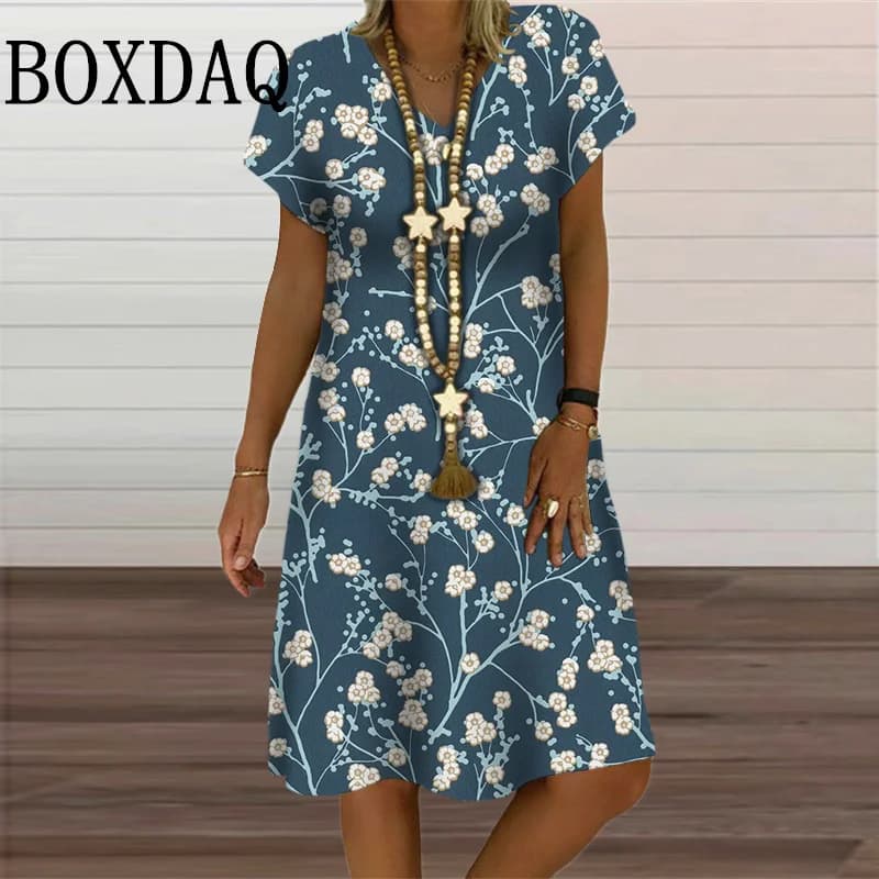 6XL Plus Size Dresses Women V-Neck Short Sleeve Floral Print A-Line Dress Casual Summer Retro Pullover Ladies Clothing Sundress