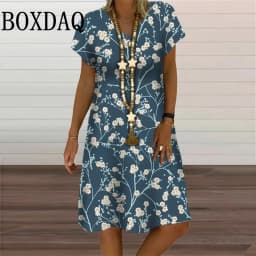 6XL Plus Size Dresses Women V-Neck Short Sleeve Floral Print A-Line Dress Casual Summer Retro Pullover Ladies Clothing Sundress