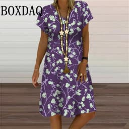 6XL Plus Size Dresses Women V-Neck Short Sleeve Floral Print A-Line Dress Casual Summer Retro Pullover Ladies Clothing Sundress