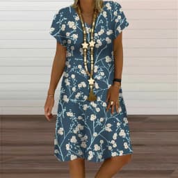 6XL Plus Size Dresses Women V-Neck Short Sleeve Floral Print A-Line Dress Casual Summer Retro Pullover Ladies Clothing Sundress