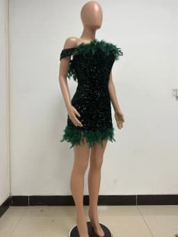 Feather Party Dresses for Women Slash Neck Backless Dress Club Green Mini Sequins Sleeveless Maxi Evening Dress Formal Vestidos