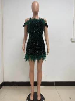 Feather Party Dresses for Women Slash Neck Backless Dress Club Green Mini Sequins Sleeveless Maxi Evening Dress Formal Vestidos