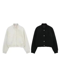 HH Women Cropped Bomber Jacket Female Autumn Casual Button Down Coat with Pockets Women's Fashion Long Sleeve Outerwear