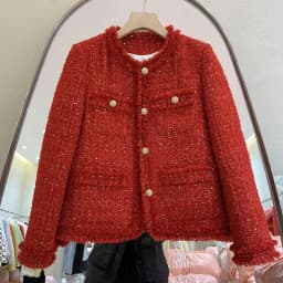 Red Cropped Tweed Coat Women Korean Fashion Long Sleeve Autumn Winter Jacket Single Breasted Down Cotton Lined Warm Lady Outwear