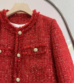 Red Cropped Tweed Coat Women Korean Fashion Long Sleeve Autumn Winter Jacket Single Breasted Down Cotton Lined Warm Lady Outwear