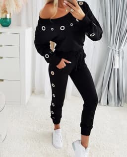 Womens Two Peice Sets 2024 Summer Fashion Skew Neck Long Sleeve Eyelet Top & Casual Long Pants Set Slim Woman Clothes Outfits