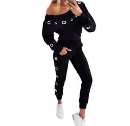 Womens Two Peice Sets 2024 Summer Fashion Skew Neck Long Sleeve Eyelet Top & Casual Long Pants Set Slim Woman Clothes Outfits