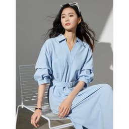 TOYOUTH Women Shirt Dress 2024 Summer New V Turn Down Collar Half Lantern Sleeve Jacquard A-line Midi Dress With Waist Belt