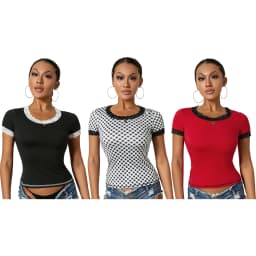 Women's Summer Solid Color Tops Short Sleeve Sweet Elegant Lace Trim Round Neck Slim Fit Daily T-Shirt