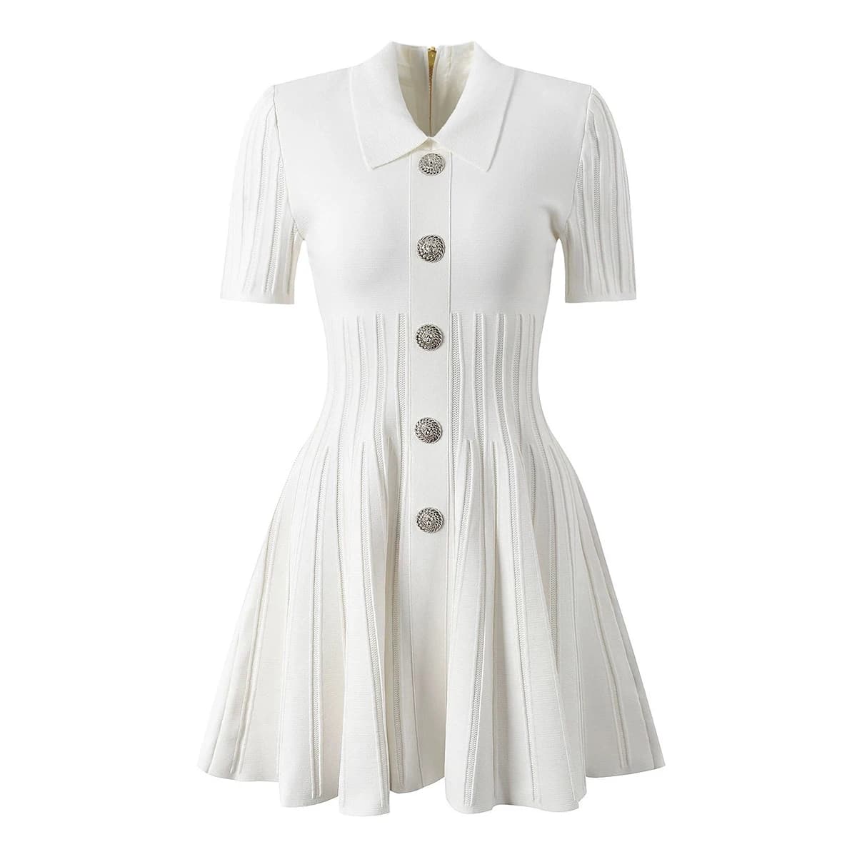 SML High Quality Fashionable Elastic Knitted Solid Color Flip Collar Button Back Zipper Large hem Pleated Casual Women's Dress