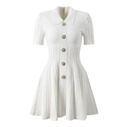 SML High Quality Fashionable Elastic Knitted Solid Color Flip Collar Button Back Zipper Large hem Pleated Casual Women's Dress