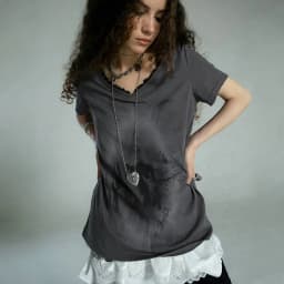 Karrcat Grunge Aesthetics Graffiti Print T-shirt Vintage Distressed Short Sleeve T Shirt Trashy Y2k V-neck Lace Patchwork Tops