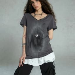 Karrcat Grunge Aesthetics Graffiti Print T-shirt Vintage Distressed Short Sleeve T Shirt Trashy Y2k V-neck Lace Patchwork Tops