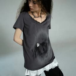 Karrcat Grunge Aesthetics Graffiti Print T-shirt Vintage Distressed Short Sleeve T Shirt Trashy Y2k V-neck Lace Patchwork Tops
