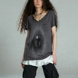 Karrcat Grunge Aesthetics Graffiti Print T-shirt Vintage Distressed Short Sleeve T Shirt Trashy Y2k V-neck Lace Patchwork Tops