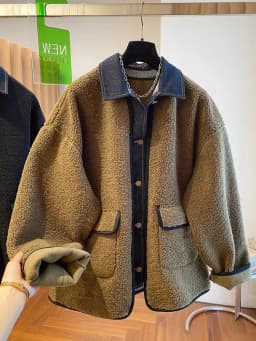 Autumn and Winter New Women's Lapel Denim Patchwork Lamb Wool Jacket Loose Commuting Jacket