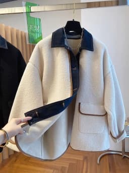 Autumn and Winter New Women's Lapel Denim Patchwork Lamb Wool Jacket Loose Commuting Jacket