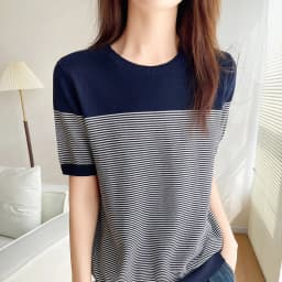 Women's T-Shirt Summer 100% Cotton Sweater Short Sleeve Striped Knitted Round Neck Ladies Tops Loose Blouse Pullover Tees