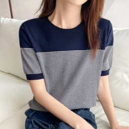 Women's T-Shirt Summer 100% Cotton Sweater Short Sleeve Striped Knitted Round Neck Ladies Tops Loose Blouse Pullover Tees