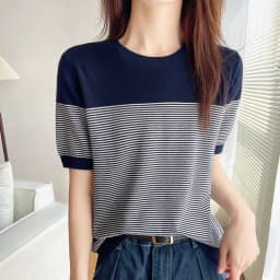 Women's T-Shirt Summer 100% Cotton Sweater Short Sleeve Striped Knitted Round Neck Ladies Tops Loose Blouse Pullover Tees